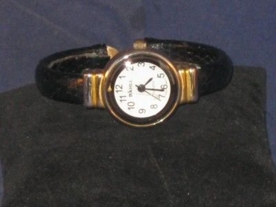 LADIES NK HILL QUARTZ GOLDTONE WHITE & BLACK CUFF WATCH   SLIM AND 