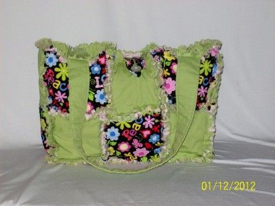 Peace Love ButterFly Flower Heart Pink Lime Rag Quilt Diaper Bag Tote 