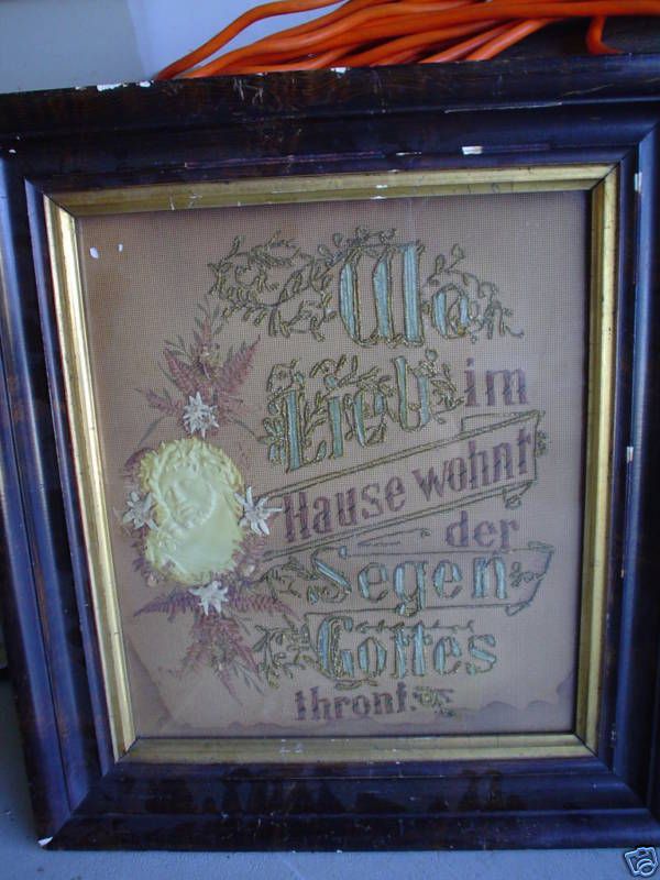 Early 1800s Needlepoint Textile German Motto Framed  