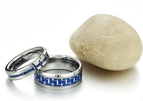   Tungsten Carbide Ring Set Wedding Bands Blue Carbon Inlay  