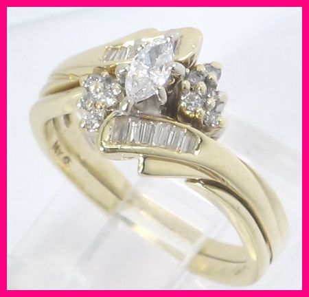 14k Yellow Gold Marquise, Round & Baguette Cut Diamond Wedding Ring 