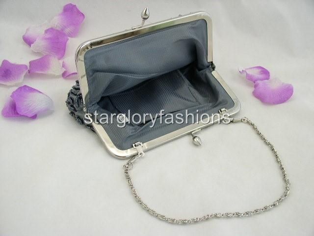 Silver Gray Beaded Sequin Evening Purse Clutch Jeweled Frame EC 0329