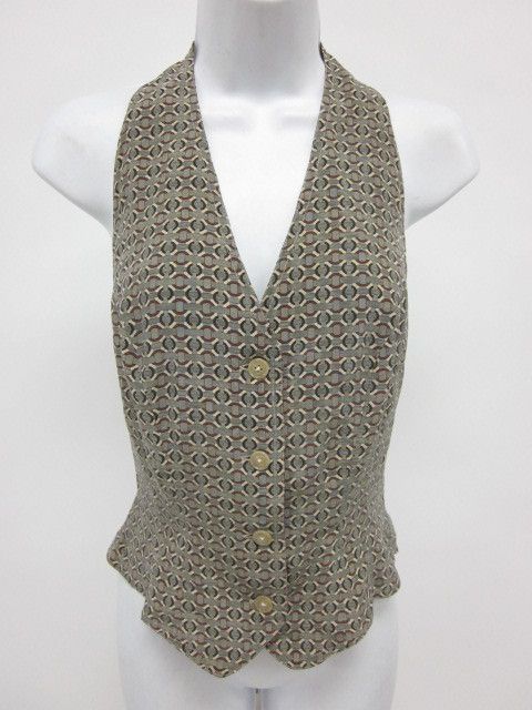 DKNY Beige Gray Red Print Button Up Halter Vest Sz 8  