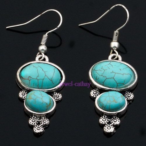 oval blue turquoise bead tibet silver dangle earrings  