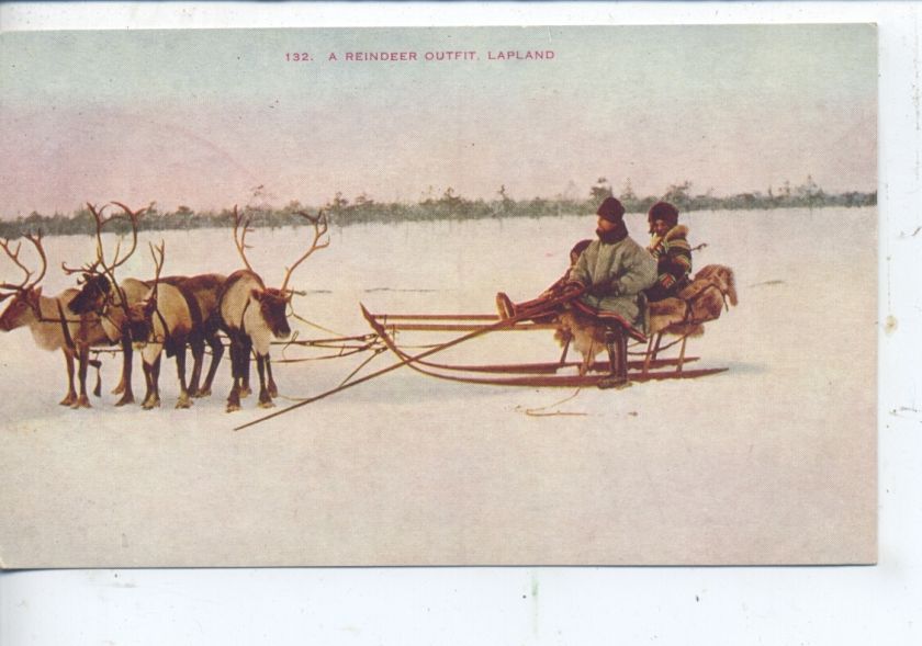 REINDEER DRAWN SLED LAPLAND NORWAY ANTIQUE VINTAGE POSTCARD NORGE 