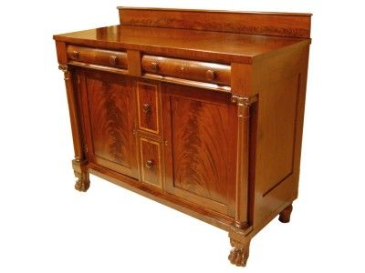 Flame Mahogany Inlaid Empire Side Board with Columns Paw Feet, circa 