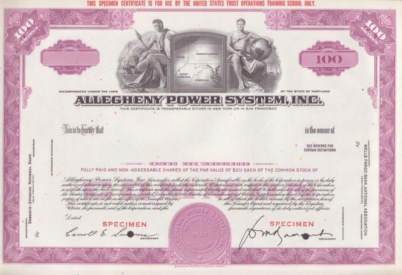 Specimen Allegheny Power System, Inc. Stock Cert  