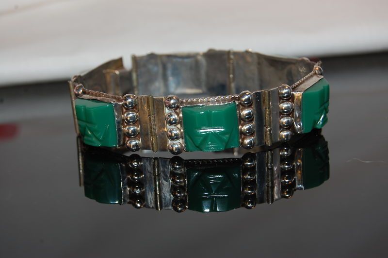 TAXCO MEXICAN STERLING SILVER JADE AZTEC GOD BRACELET  