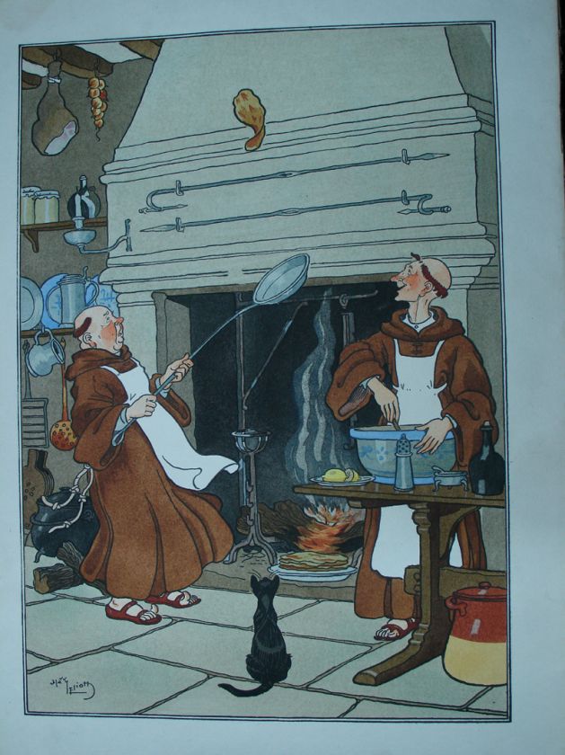 Harry Eliott funny Franciscan monks cooking ENGRAVING  