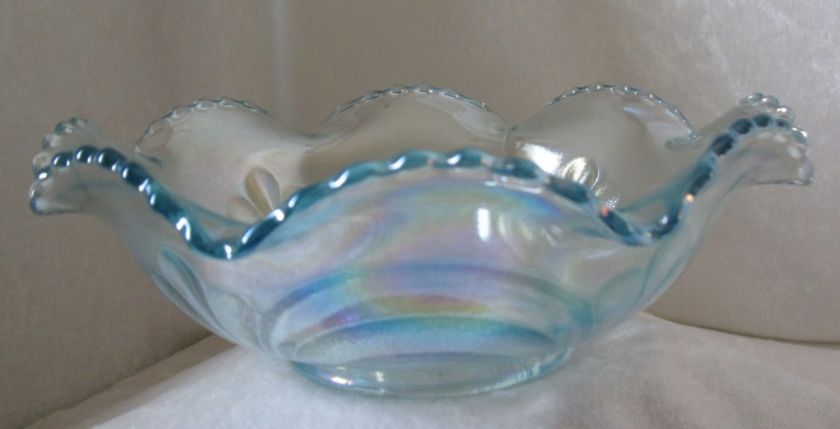 Ice Blue Carnival Rainbow Glass Ruffle Bowl 8  