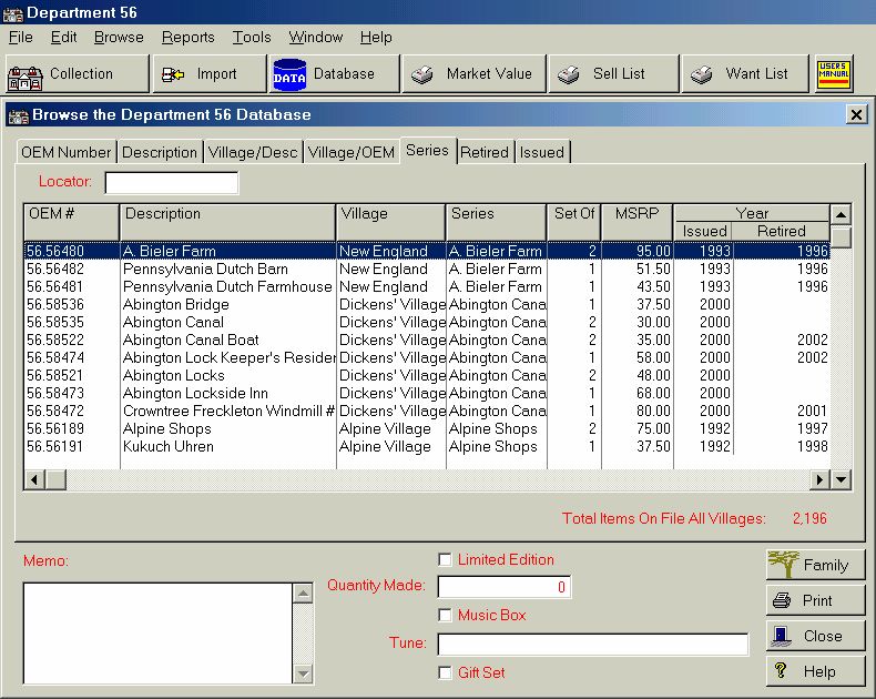 Department 56 Collectors SOFTWARE & DATABASE  