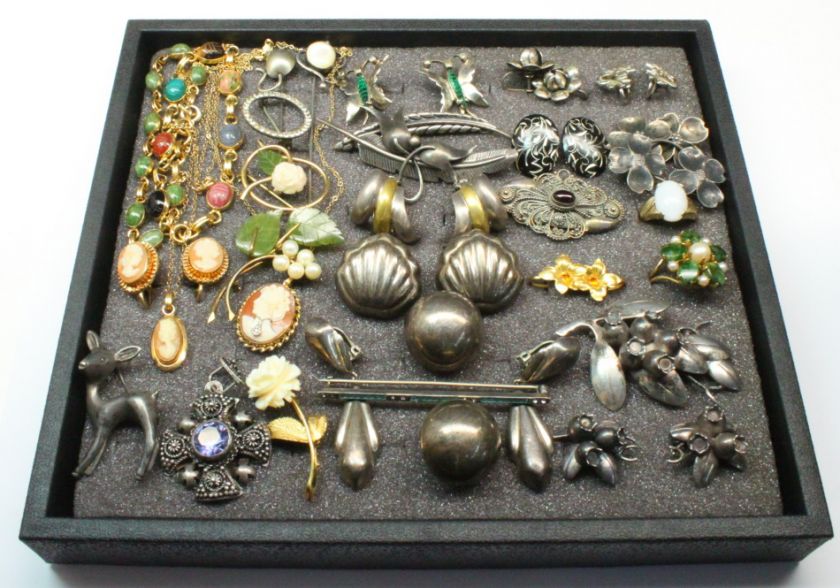 33 Pcs Vintage Sterling Silver GF Jewelry Lot Not Scrap Cameo Mexico 