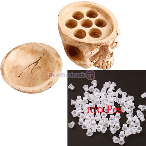 Personality Skull Tattoo 7 Ink Caps Cups Holder Holds + 100Pcs Ink 