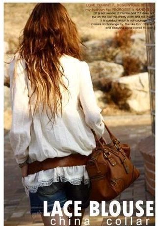 New sexy lady Lace casual Shirt Top White Blouse Vintage long sleeve 