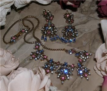 Spectacular Rare Vtg Hollycraft 1950 Pastel Rhinestone Necklace Set 