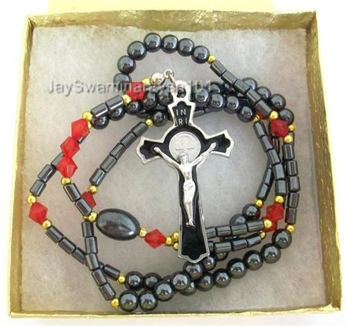 Black Hematite Rosary Necklace Cross Red Gold Ton Beads  