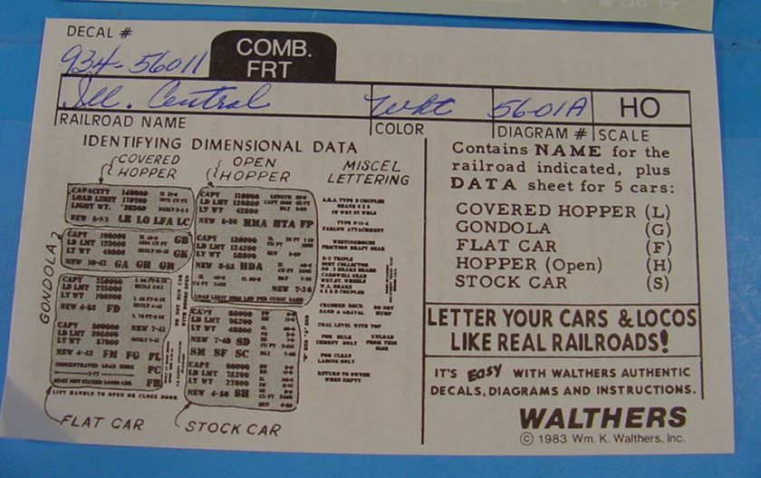 HO WALTHERS DECALS #56 01 ILLINIOS CENTRAL FREIGHT CAR DECALS  