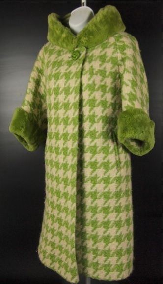   Streets Swing Coat Women O/S Houndstooth Green Wool Tweed Faux Fur