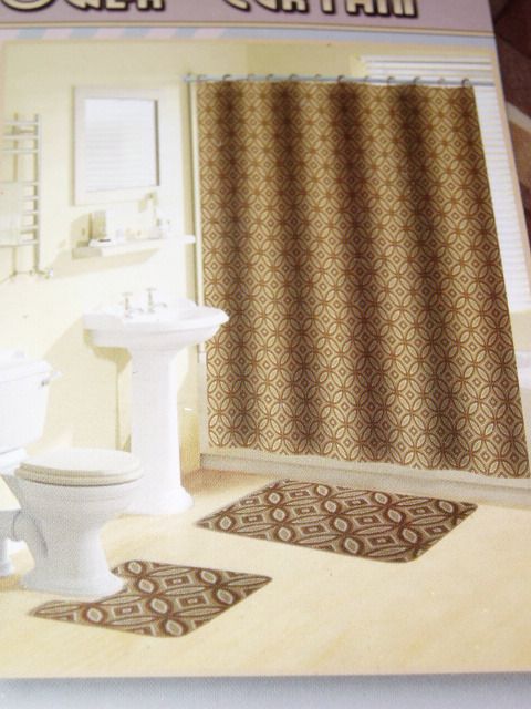 15 PC BATH BROWN FABRIC SHOWER CURTAIN RUG HOOKS SET  