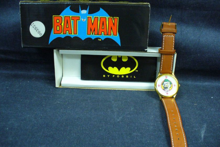 BATMAN GOLD JOKER WRIST WATCH w/BROWN LEATHER BAND (VERY RARE/FOSSIL 