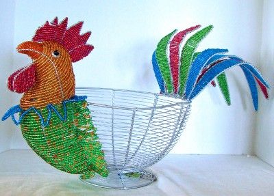 Rooster Basket Holder Wire & Glass Beaded Figurine NEW  