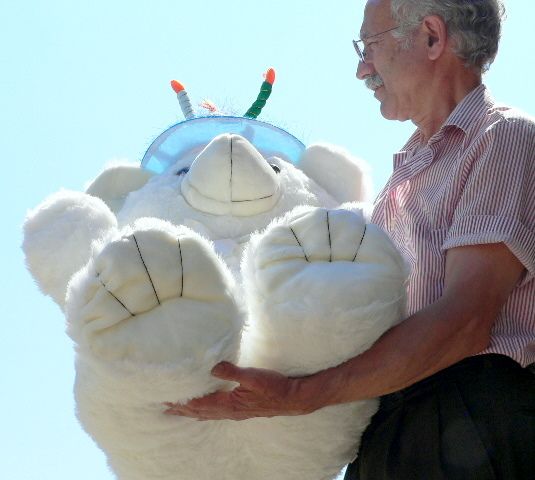 JUMBO 42 WHITE TEDDY BEAR WEARING BIRTHDAY CAKE HAT  