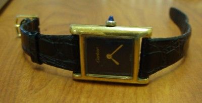 Vintage Ladies 18k EP Cartier Tank Watch Black Strap  