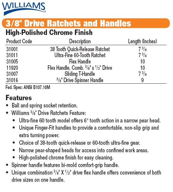 JH WILLIAMS 3/8 DRIVE RATCHET, ULTRA FINE, CHROME  