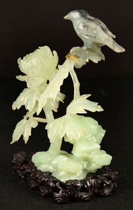   CHINESE OLD JADE JADEITE SPARROW BIRD GREEN CHRYSANTHEMUM FLOWER TREE