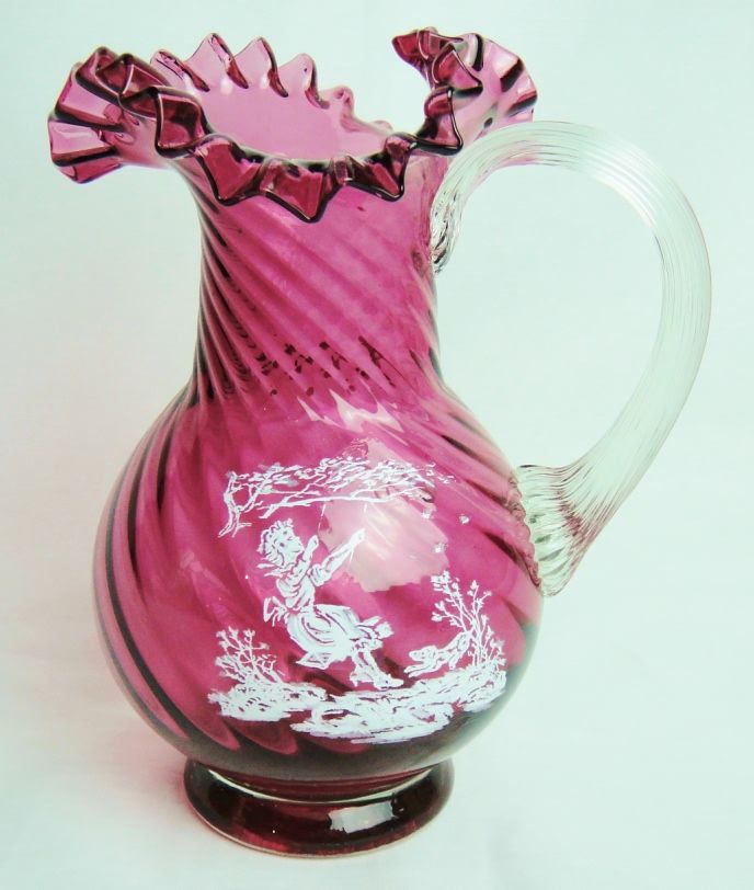 Cranberry Glass Mary Gregory Hand Blown Ruffle Pitcher Girl Swinging 