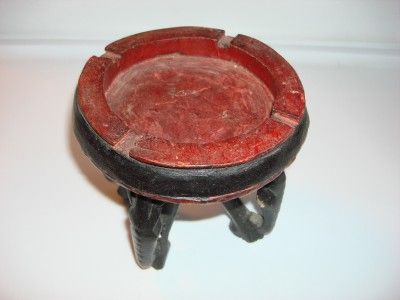 VINTAGE HAND CARVED WOOD ELEPHANT SHAPES TALL ASHTRAY  