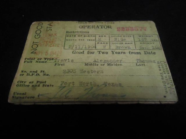 1942 FORT WORTH TEXAS Vintage Drivers License Card TX  