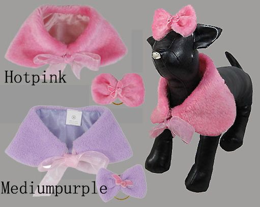 DOG FUR COAT PET SHAWL & MATCHING HAIR BOW PINK SIZE XS  