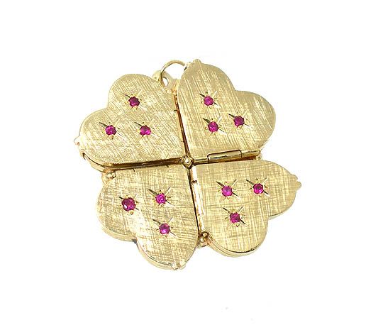 GORGEOUS 14K YELLOW GOLD & RUBIES FOUR LEAF CLOVER LOCKET PENDANT