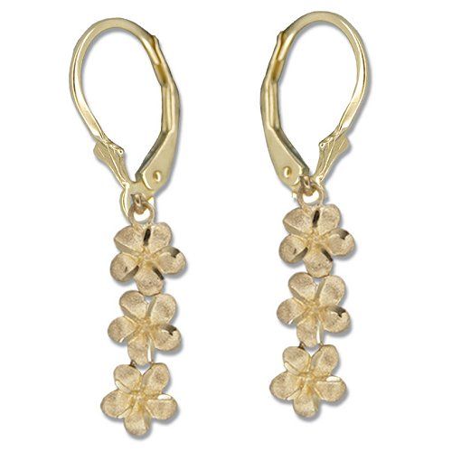 Dangling Plumeria Flowers 14K Yellow Gold Lever Back Hawaiian 