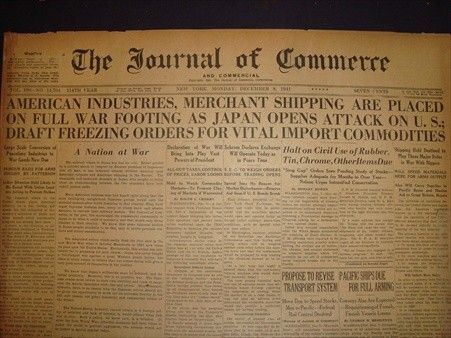   12 1941 NEWSPAPER WWII JAPAN ATTACK PEARL HARBOR U.S. DECEMBER 8 1941