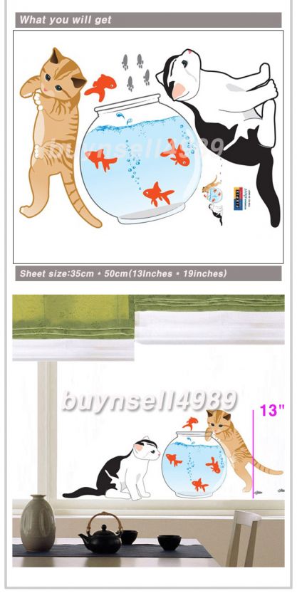 CAT AND GOLDFISH WALL DOOR WINDOW VINYL STICKER SS58237  