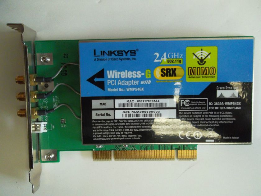 LINKSYS CISCO Wireless G PCI MIMO 2.4GHz 802.11g WMP54GX Antenna Range 