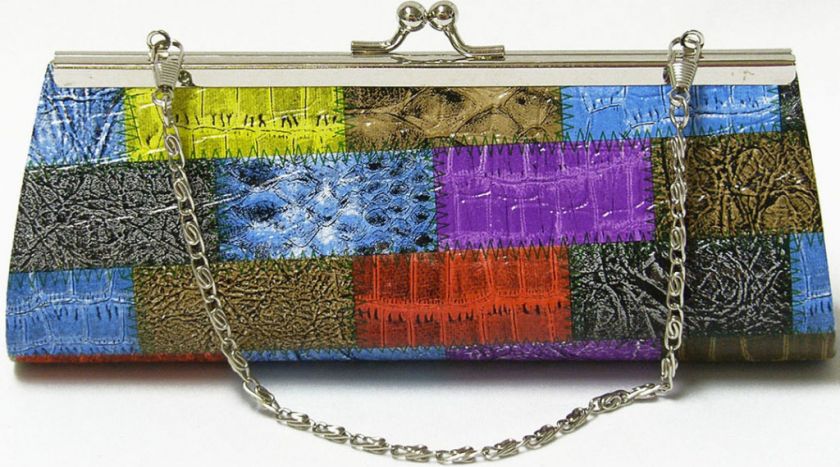 Clutch Patent Patchwork Evening Purse Purple Kiss Lock  