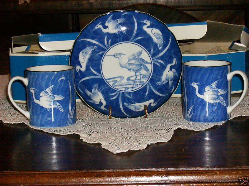 Vintage JAPAN Coffee Set * Blue & White CRANES * NIB  