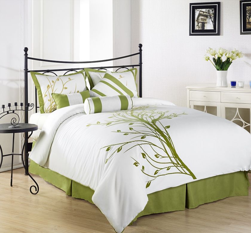 pcs Flocking Gradation Green Tree on White Duvet Cover Set Queen New