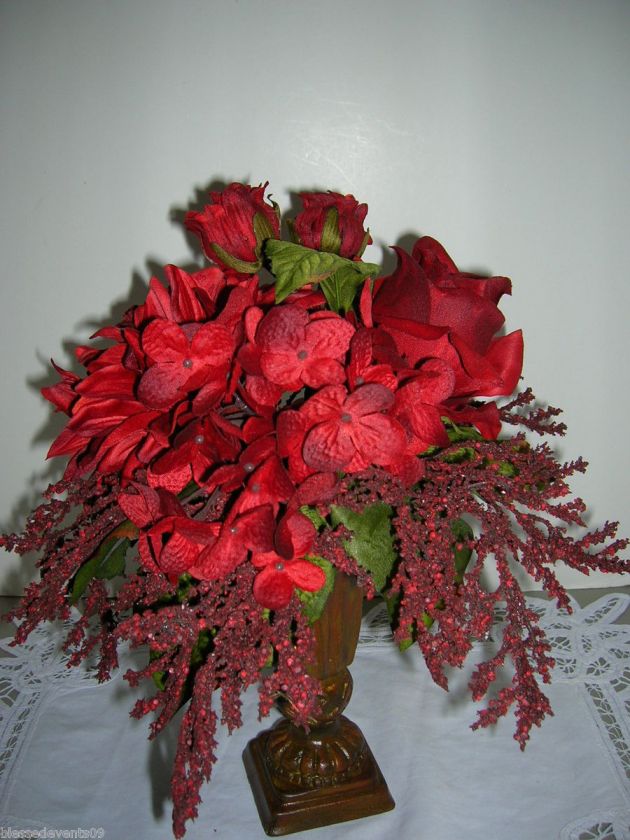 Mothers Day 13 Red Silk Roses & Hydrangea Floral Arrangement in Urn 