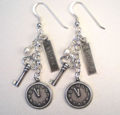 STEAMPUNK WATCH KEY BELIEVE PEARL SILVER CHARM EARRINGS  