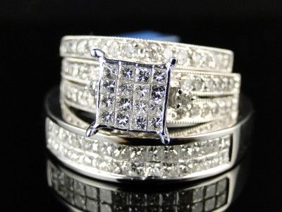   WHITE GOLD DIAMOND ENGAGEMENT BRIDAL WEDDING RING TRIO SET 2 CT  