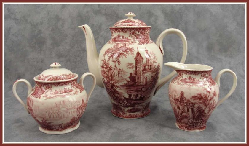 RED & CREAM TRANSFERWARE VICTORIAN COUNTRY TOILE 3 PC. TEA SET ~ 64 OZ 