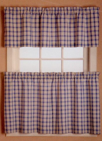 Country Tier & Valance Blue Beige Plaid Window Curtains  