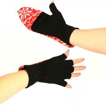 Winter Wool SnowFlake Flip Fingerless Snug Gloves Red  